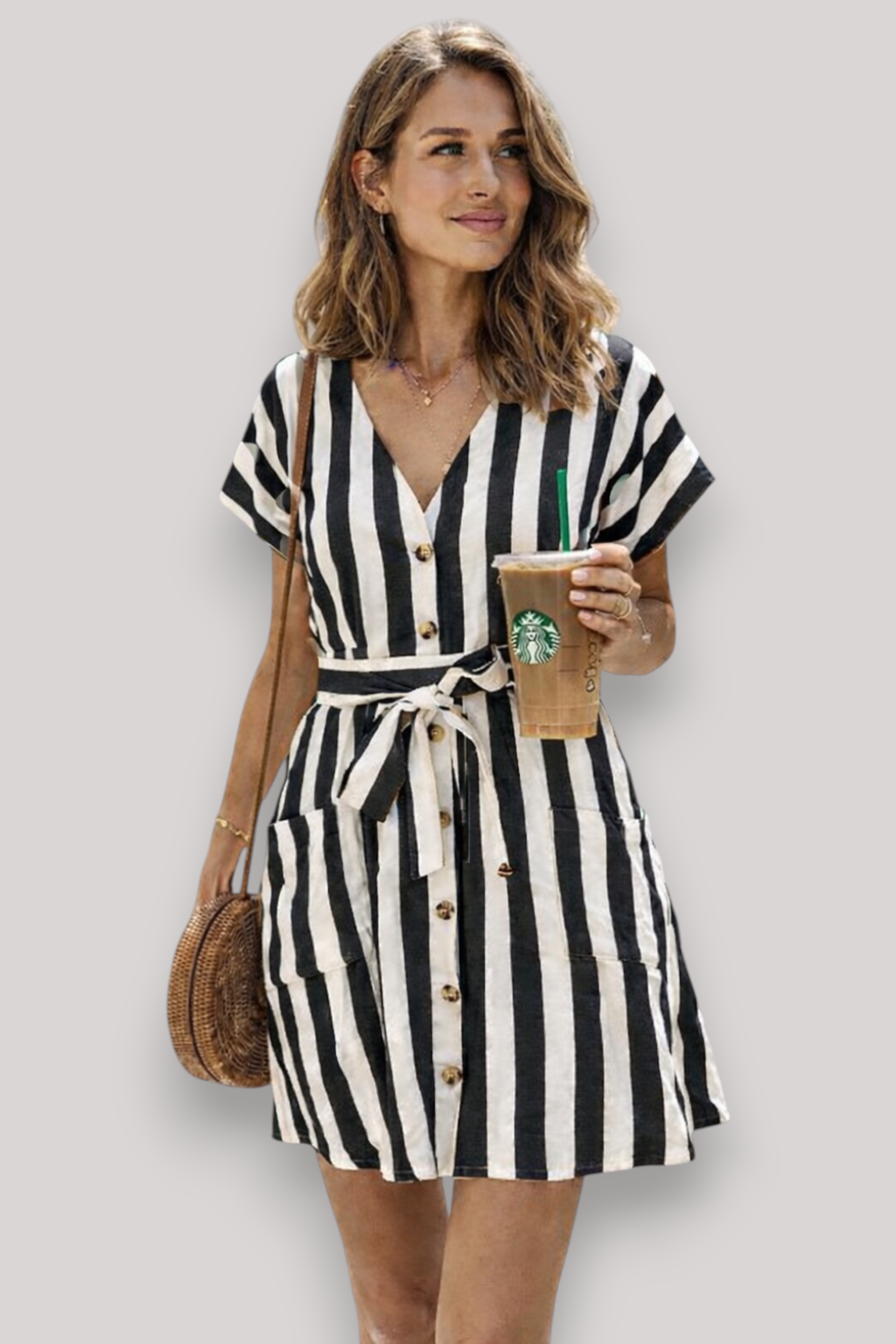 The Penelope Women's Striped Midi Dress Tie Waist V Neck