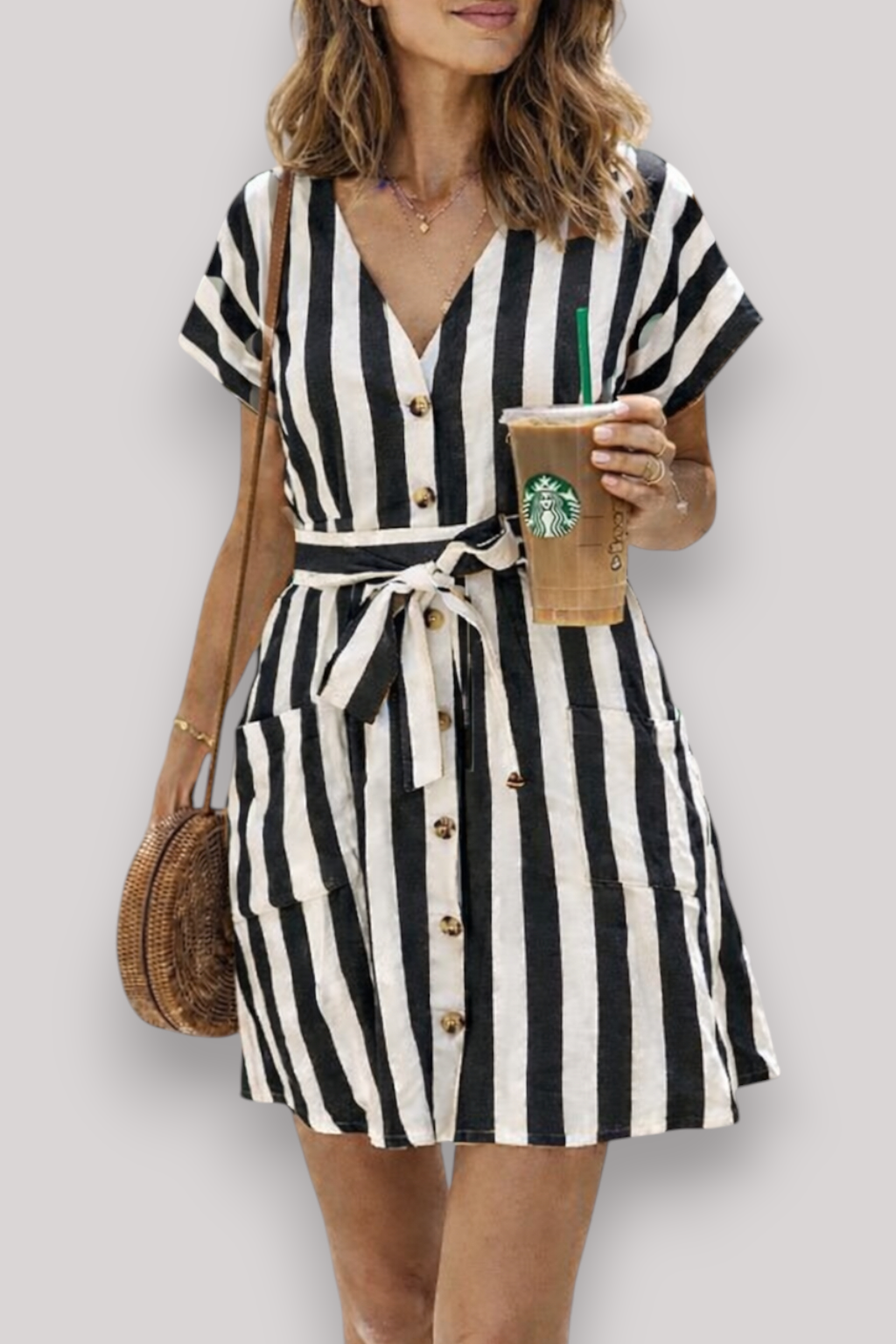 The Penelope Women's Striped Midi Dress Tie Waist V Neck