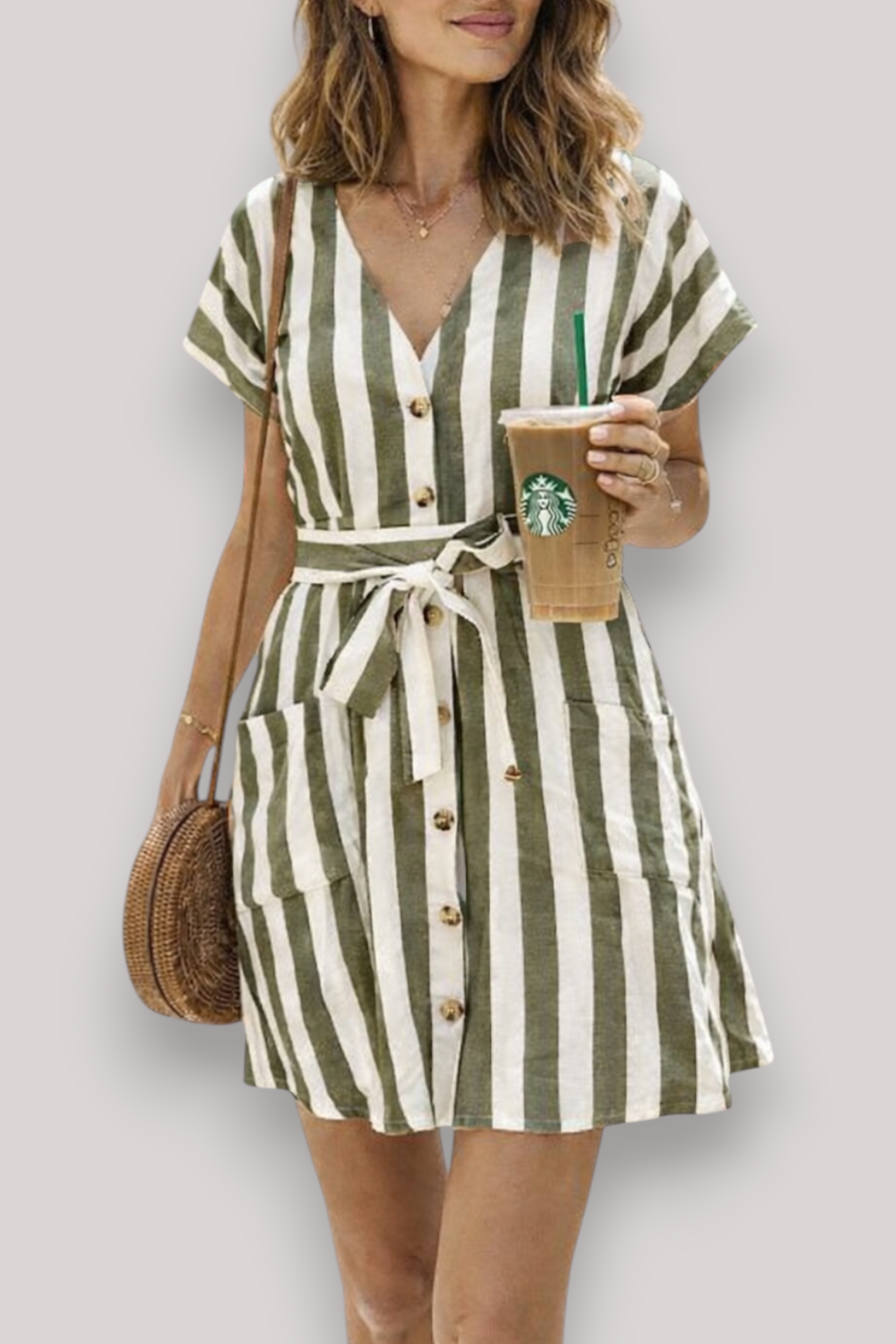 The Penelope Women's Striped Midi Dress Tie Waist V Neck