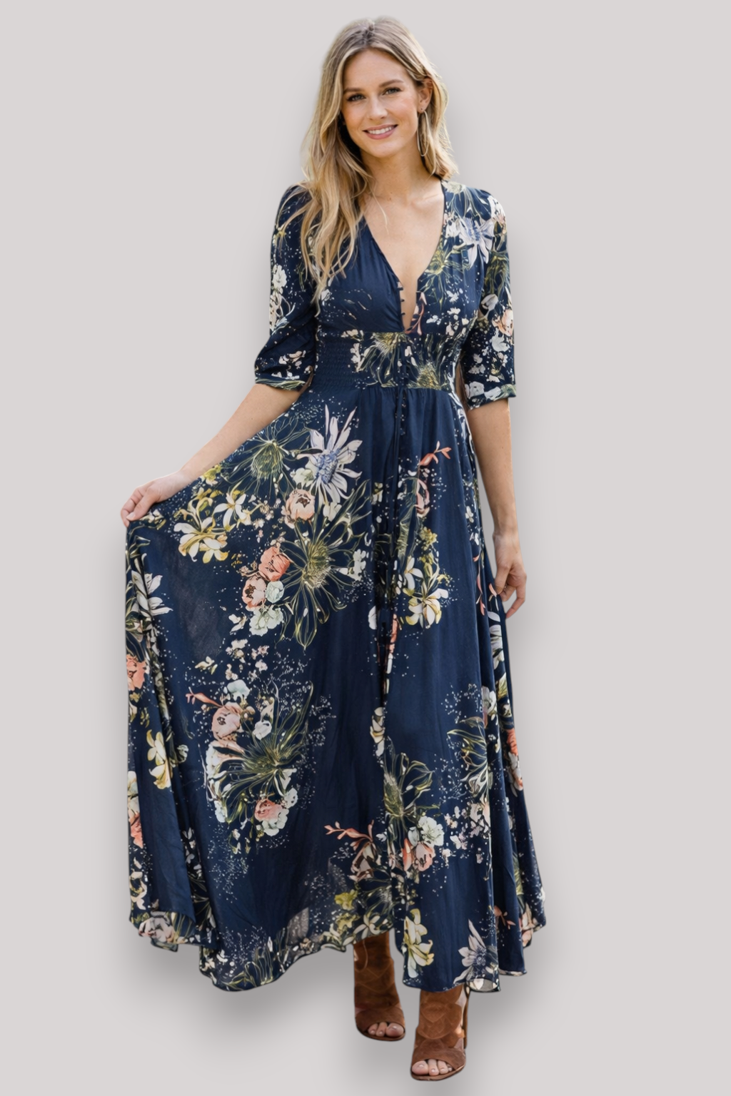 The Priscilla Swing Maxi Dress Floral Mid Waist Boho