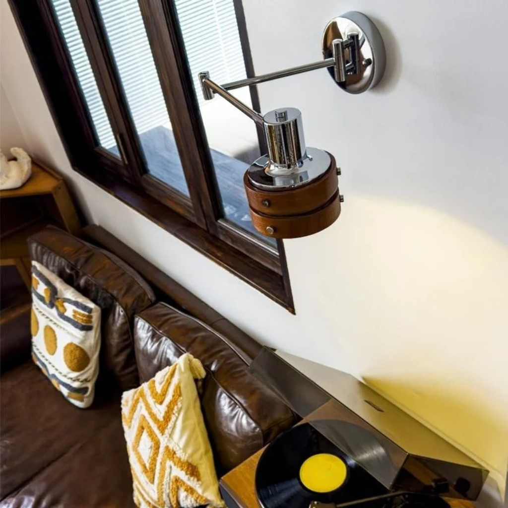 The Rivora Wooden Swing Arm Foldable LED Wall Light