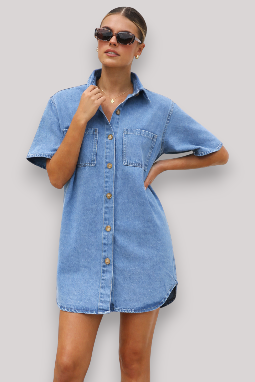 The Rosalind Women's Denim Shirt Dress Short Sleeve Mid Length