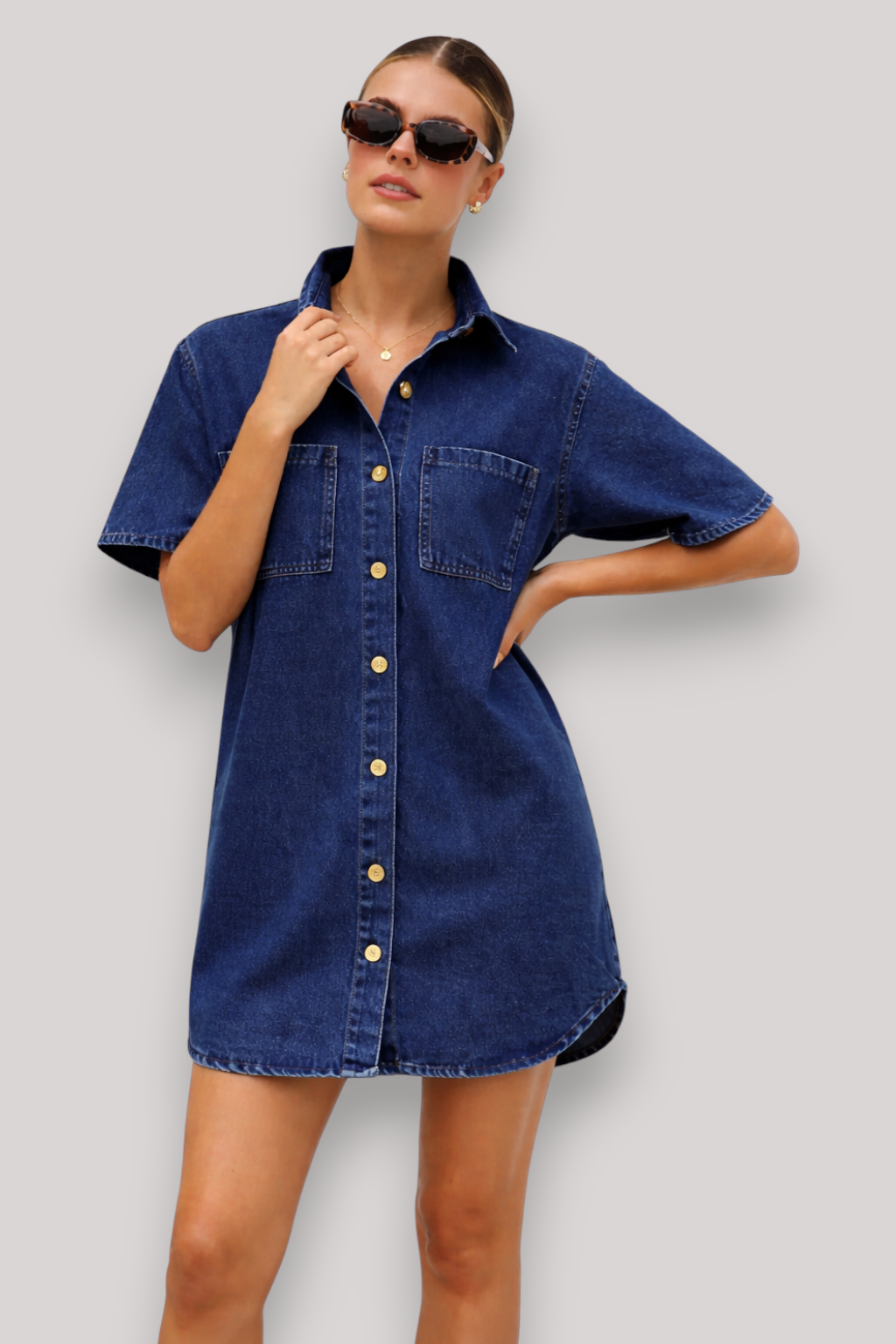 The Rosalind Women's Denim Shirt Dress Short Sleeve Mid Length