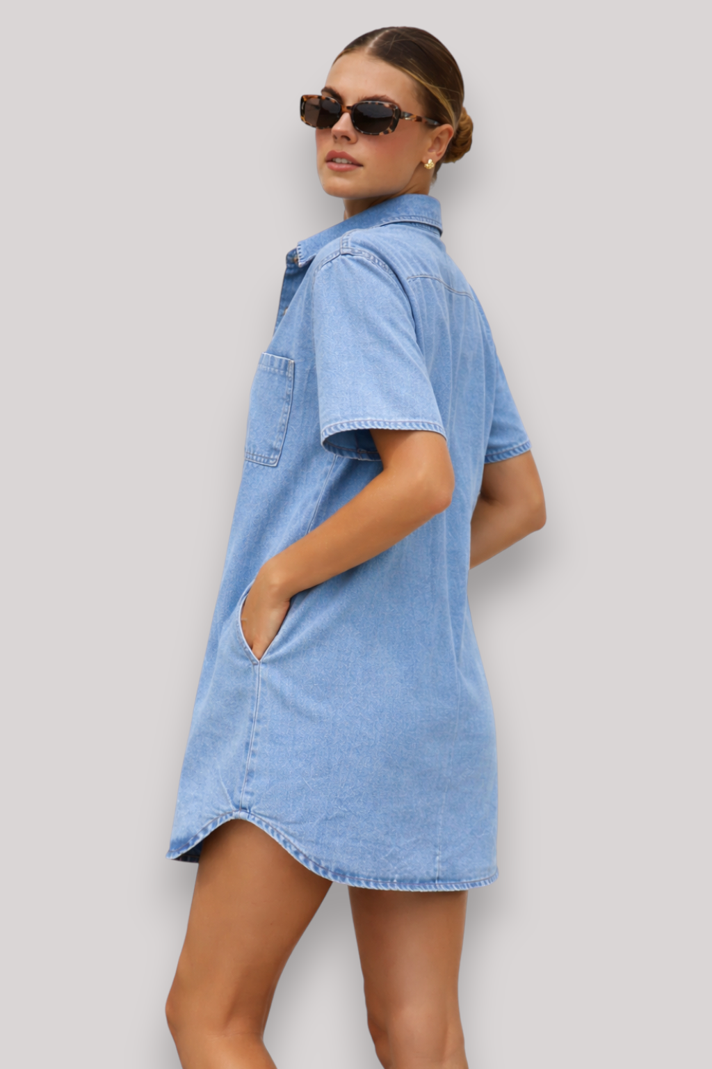 The Rosalind Women's Denim Shirt Dress Short Sleeve Mid Length