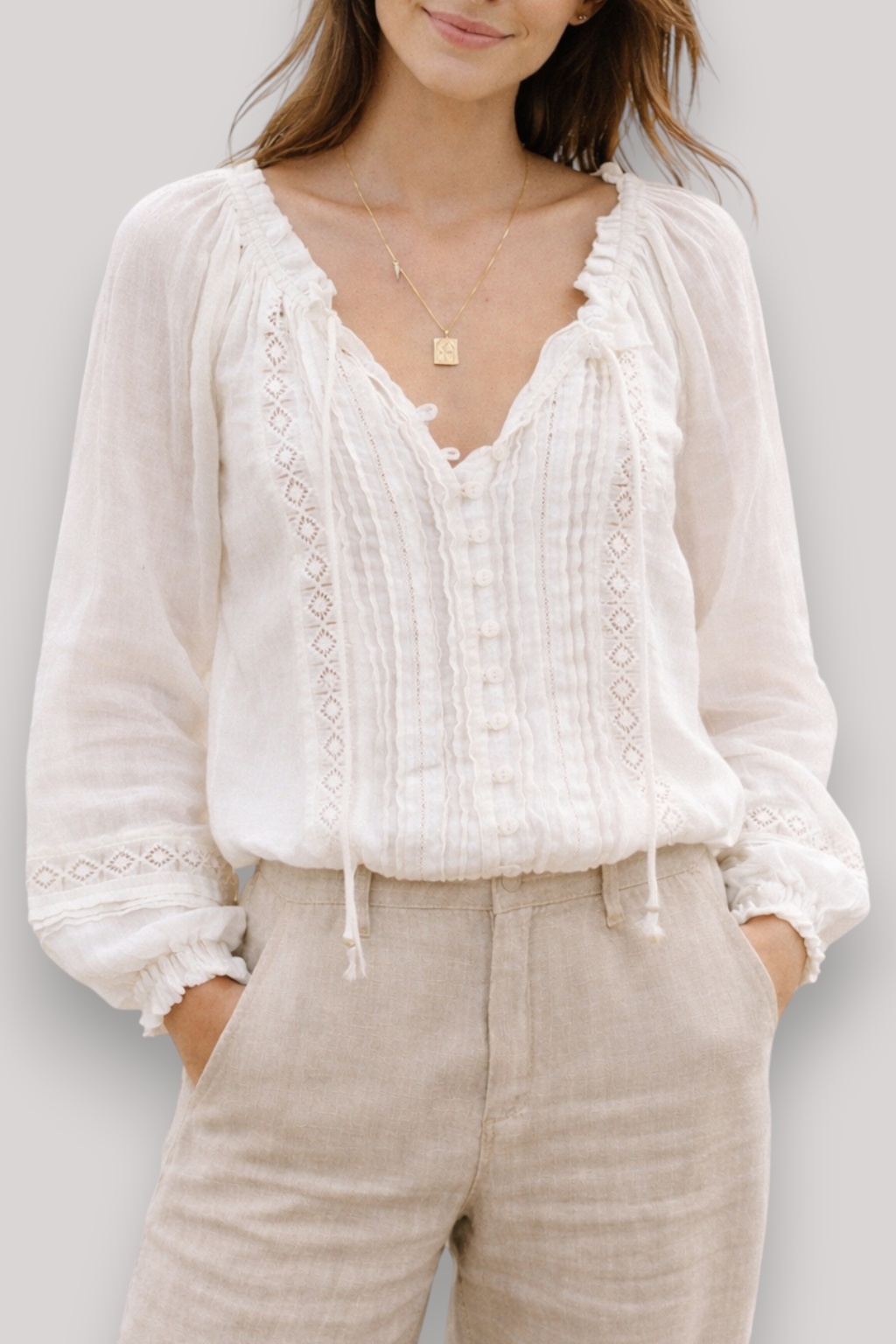 The Rowena Lace Blouse Long Lantern Sleeve V Neck Sheer Summer Top