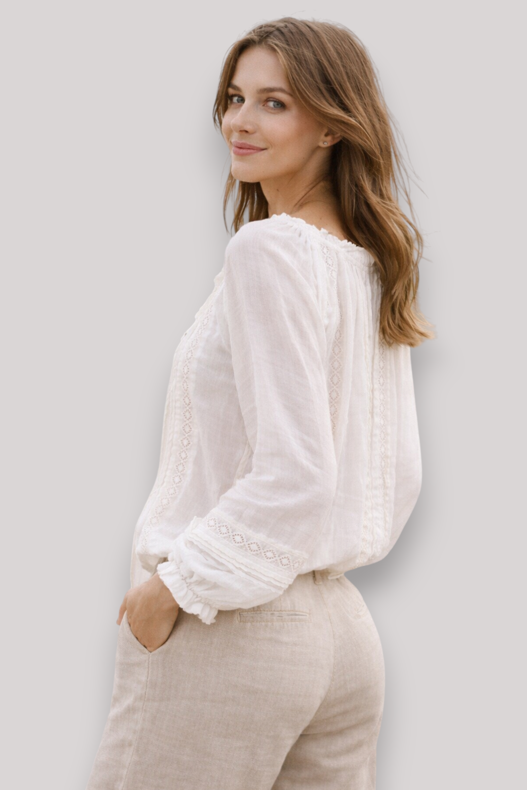 The Rowena Lace Blouse Long Lantern Sleeve V Neck Sheer Summer Top
