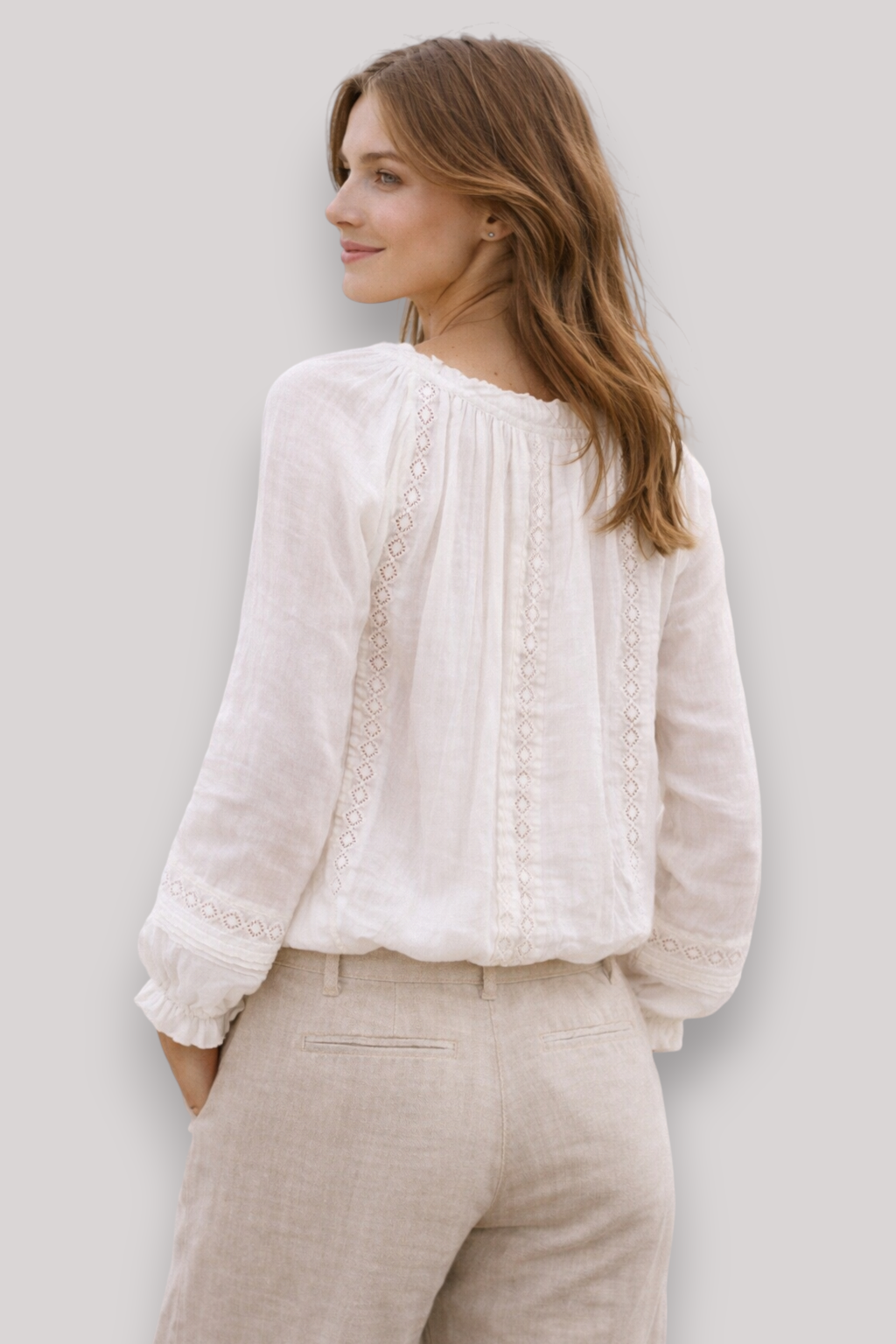 The Rowena Lace Blouse Long Lantern Sleeve V Neck Sheer Summer Top