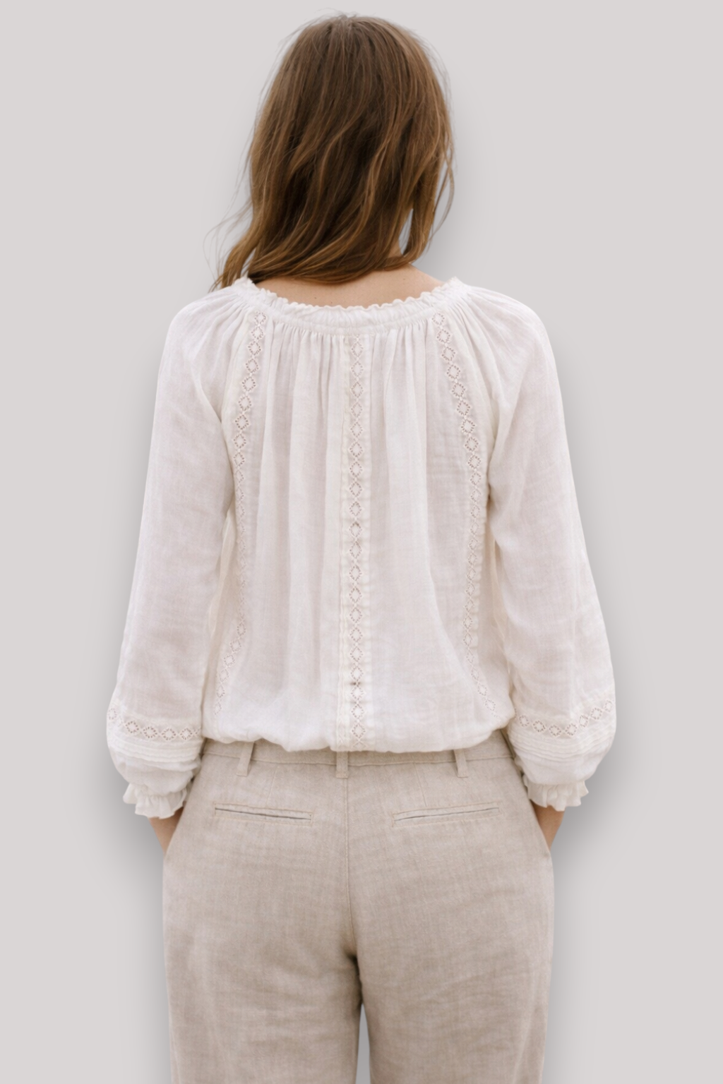 The Rowena Lace Blouse Long Lantern Sleeve V Neck Sheer Summer Top