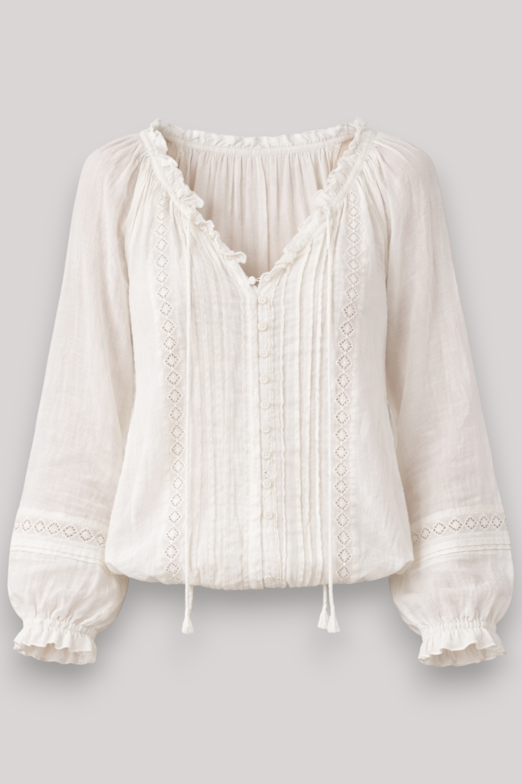 The Rowena Lace Blouse Long Lantern Sleeve V Neck Sheer Summer Top