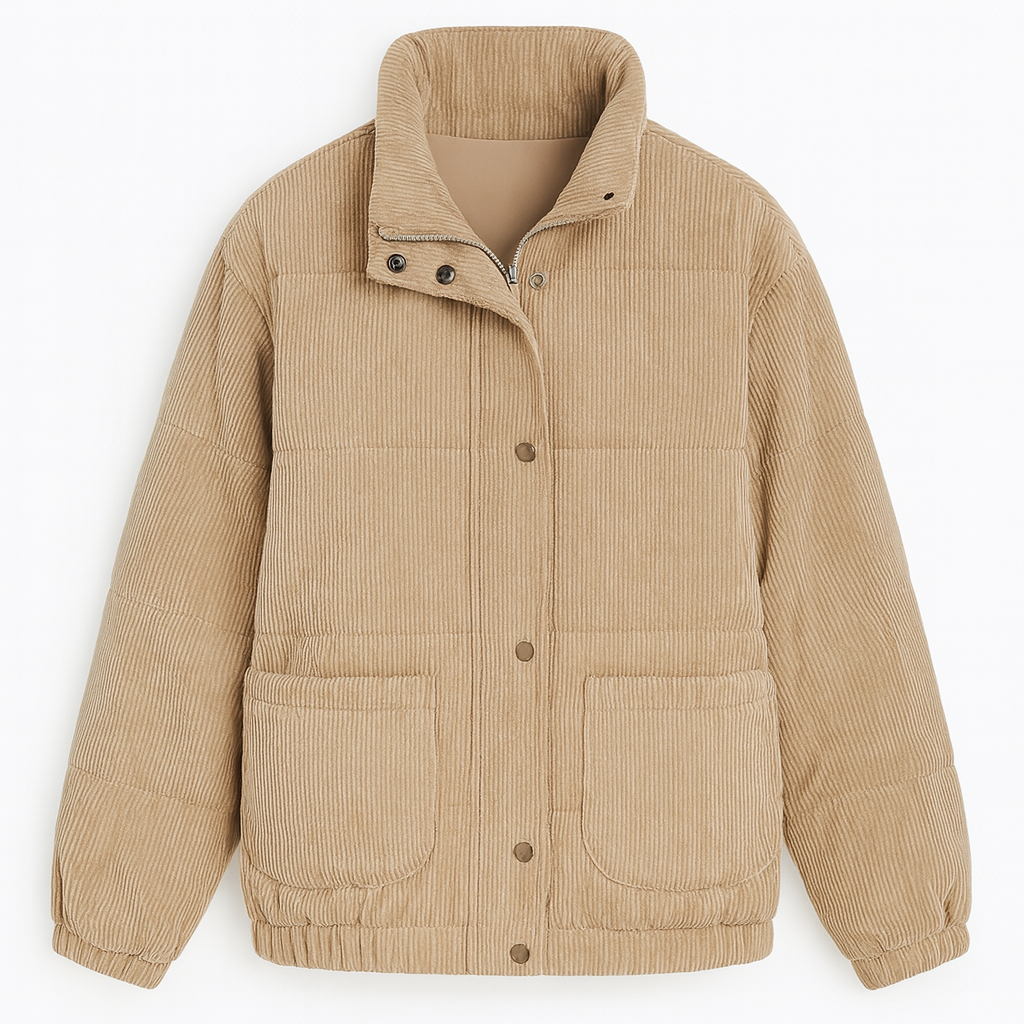 Corduroy puffer jacket with a high collar, front snap and zip closure, long sleeves with elastic cuffs, and large front patch pockets.