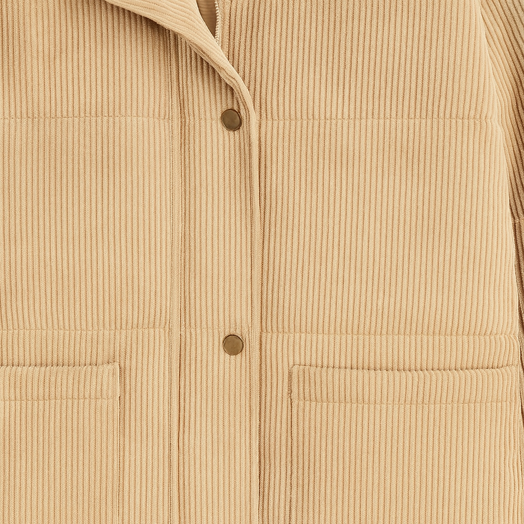 Corduroy puffer jacket with a high collar, front snap and zip closure, long sleeves with elastic cuffs, and large front patch pockets.