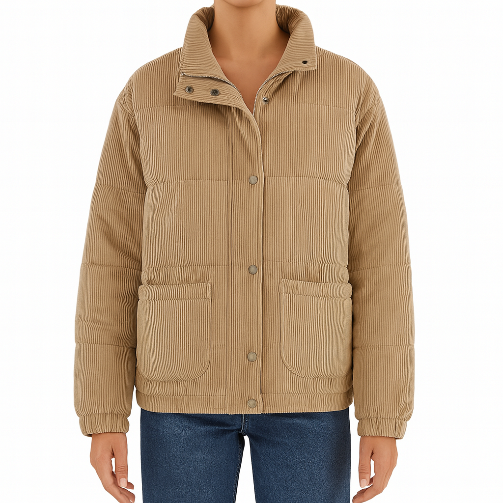 Corduroy puffer jacket with a high collar, front snap and zip closure, long sleeves with elastic cuffs, and large front patch pockets.