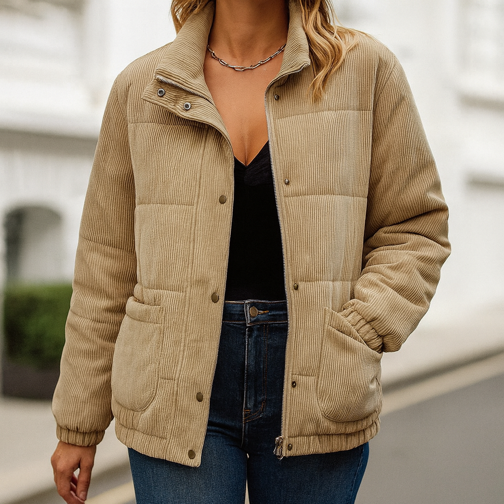 Corduroy puffer jacket with a high collar, front snap and zip closure, long sleeves with elastic cuffs, and large front patch pockets.