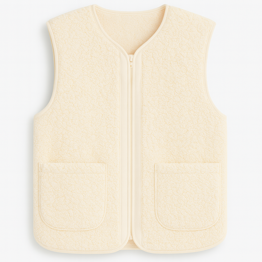 Sleeveless zip-up vest with a soft textured finish, featuring a round neckline and two front patch pockets.