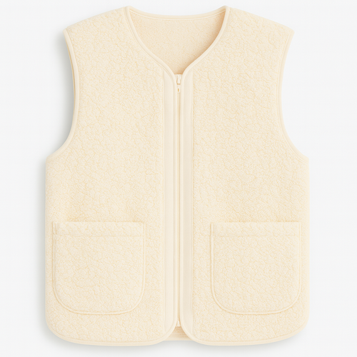 Sleeveless zip-up vest with a soft textured finish, featuring a round neckline and two front patch pockets.
