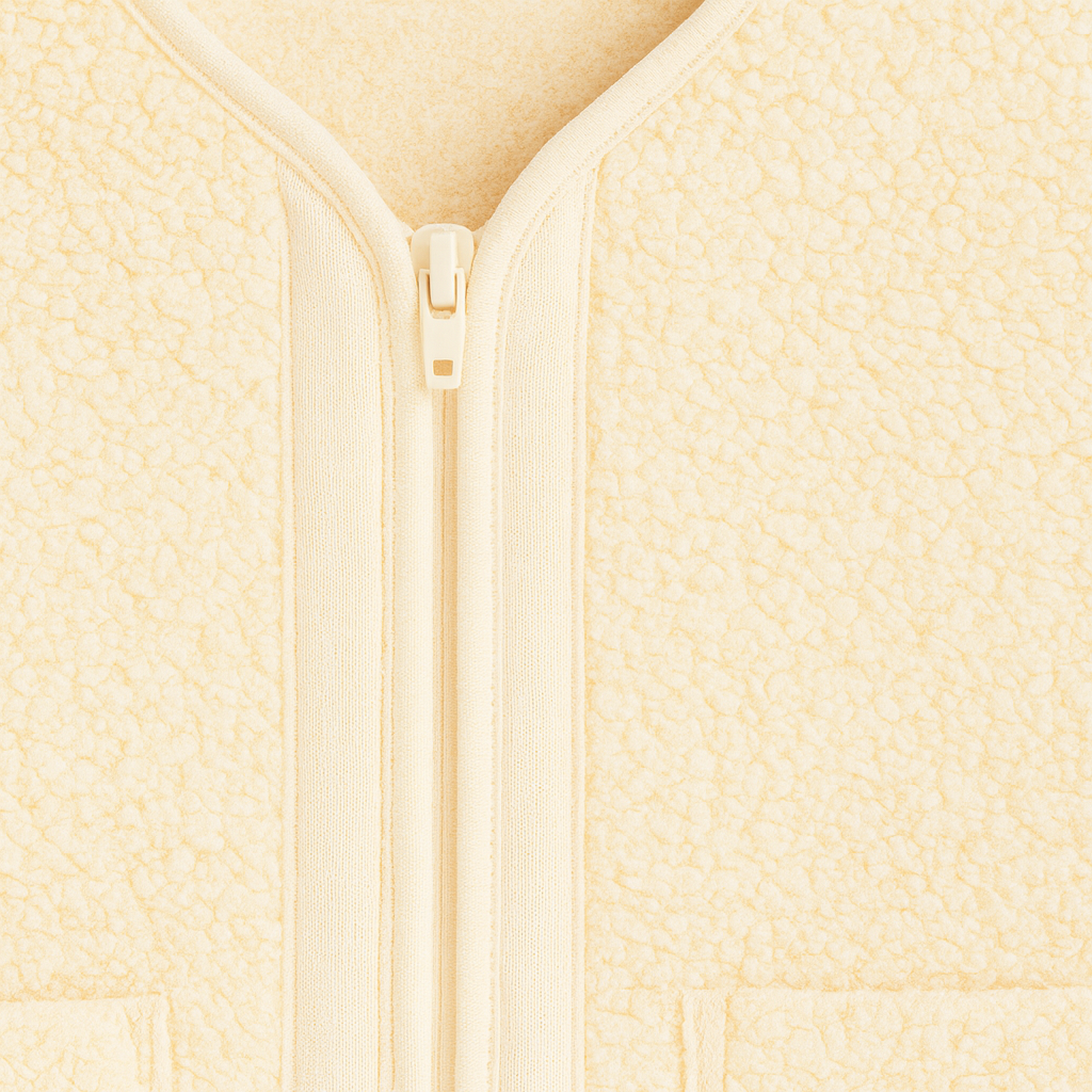 Sleeveless zip-up vest with a soft textured finish, featuring a round neckline and two front patch pockets.