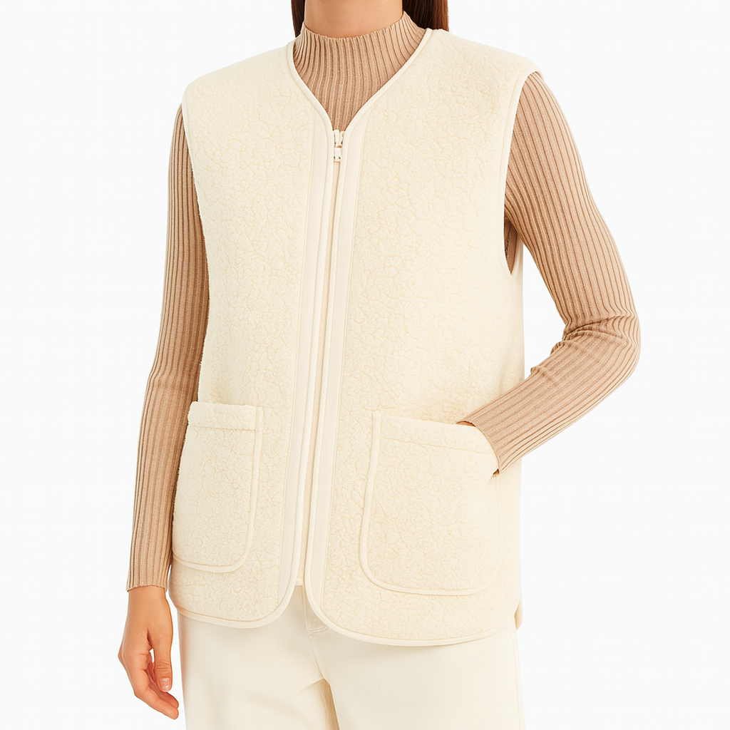 Sleeveless zip-up vest with a soft textured finish, featuring a round neckline and two front patch pockets.