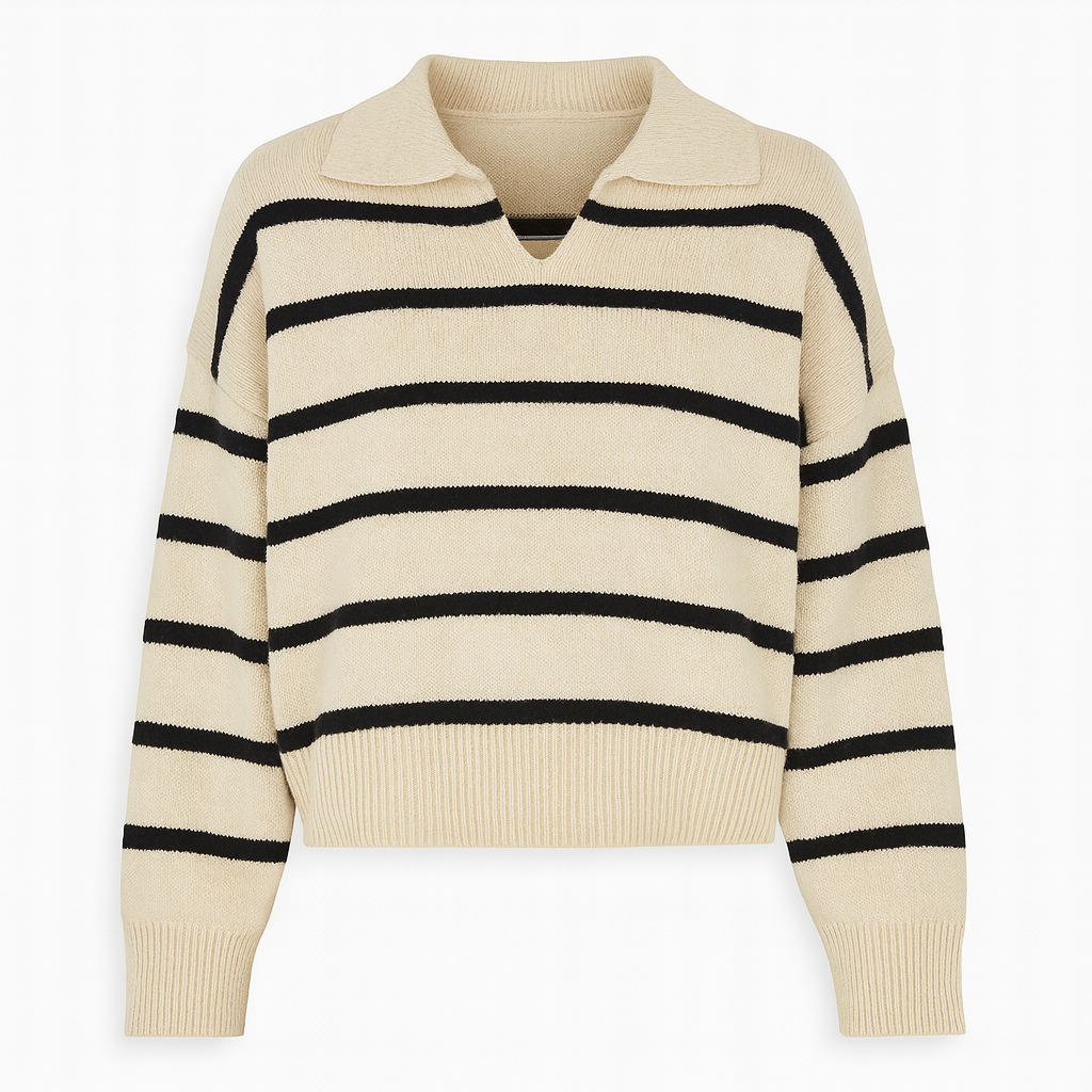 Striped knit sweater featuring a polo collar, relaxed fit, and ribbed cuffs and hem.