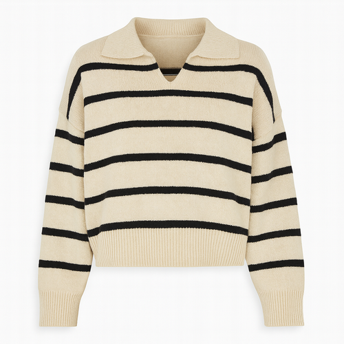 Striped knit sweater featuring a polo collar, relaxed fit, and ribbed cuffs and hem.