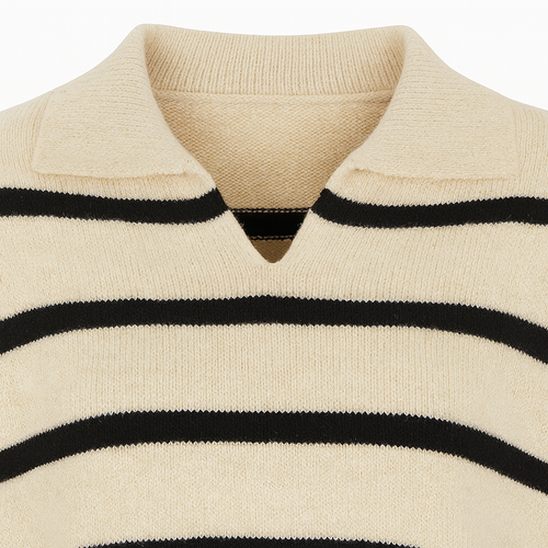 Striped knit sweater featuring a polo collar, relaxed fit, and ribbed cuffs and hem.