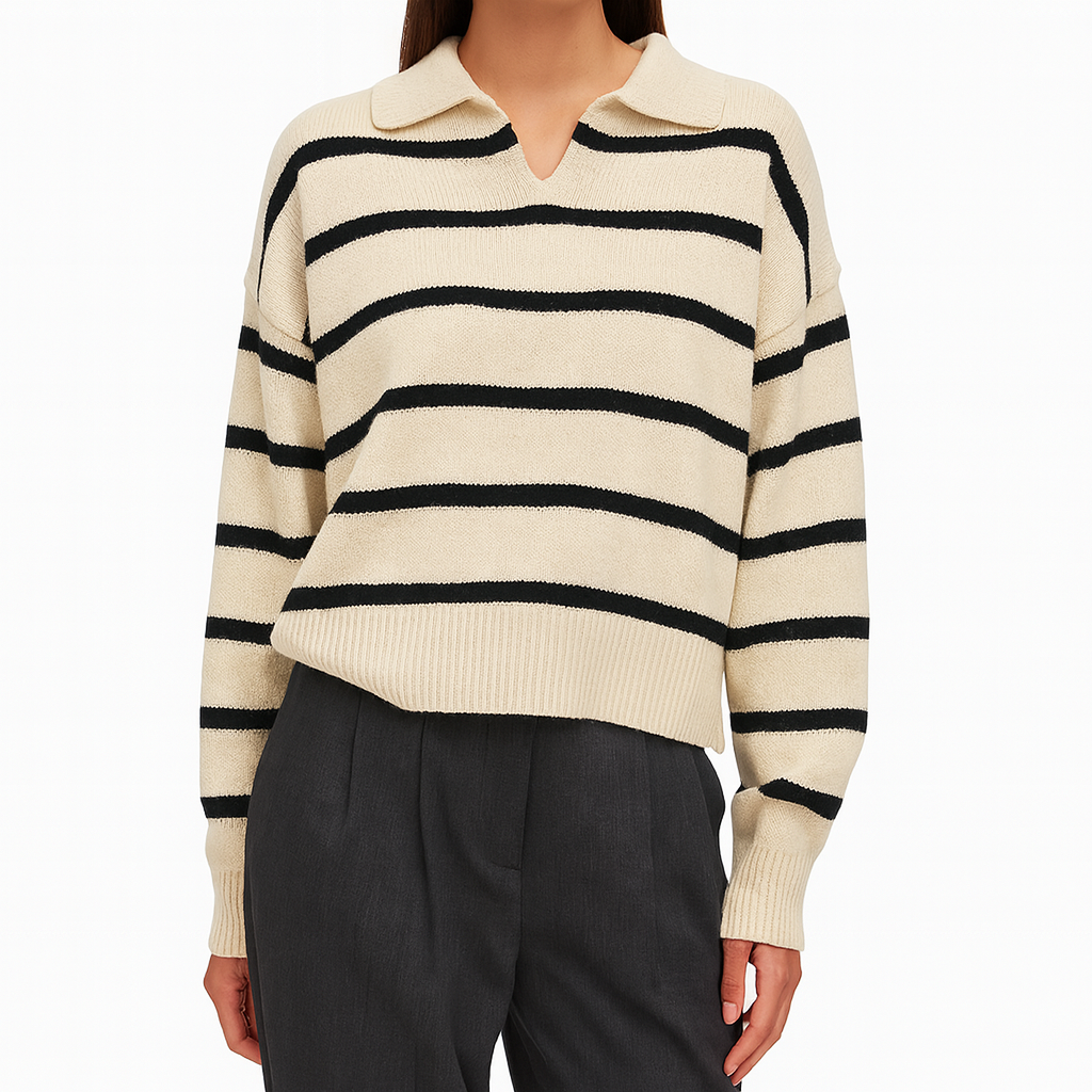 Striped knit sweater featuring a polo collar, relaxed fit, and ribbed cuffs and hem.