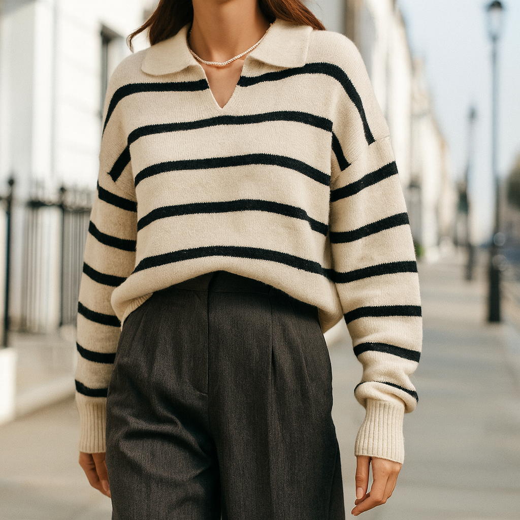 Striped knit sweater featuring a polo collar, relaxed fit, and ribbed cuffs and hem.