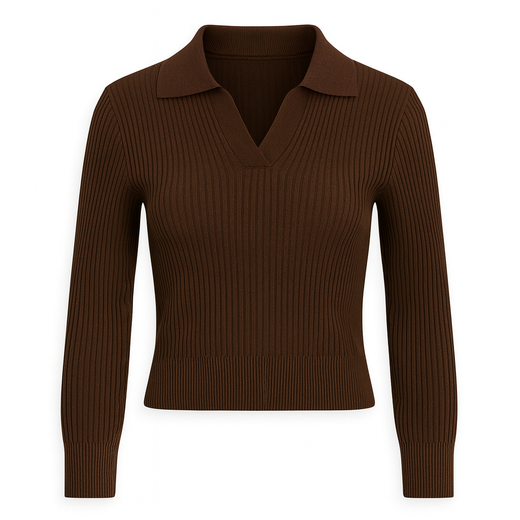 Ribbed knit sweater with a fitted silhouette, featuring a V-neckline with a polo-style collar and long sleeves.