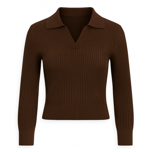 Ribbed knit sweater with a fitted silhouette, featuring a V-neckline with a polo-style collar and long sleeves.