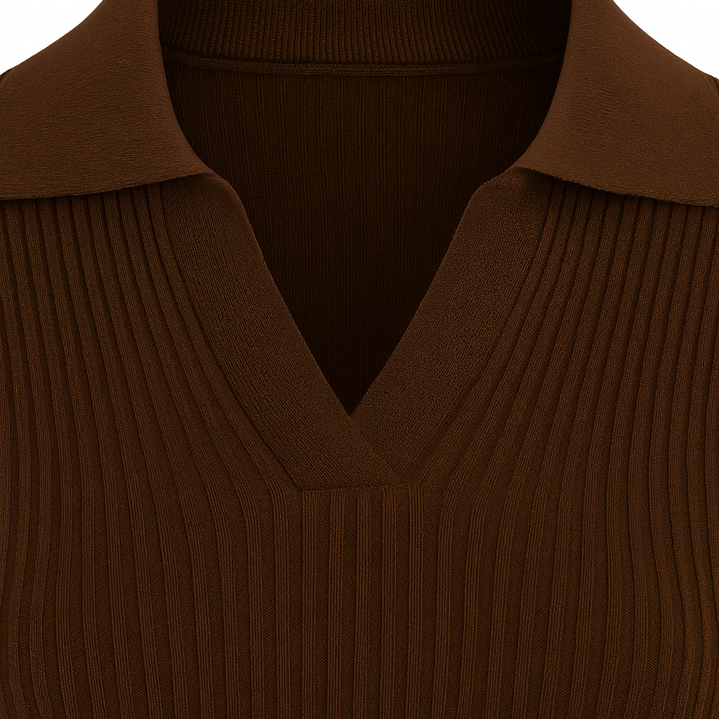 Ribbed knit sweater with a fitted silhouette, featuring a V-neckline with a polo-style collar and long sleeves.
