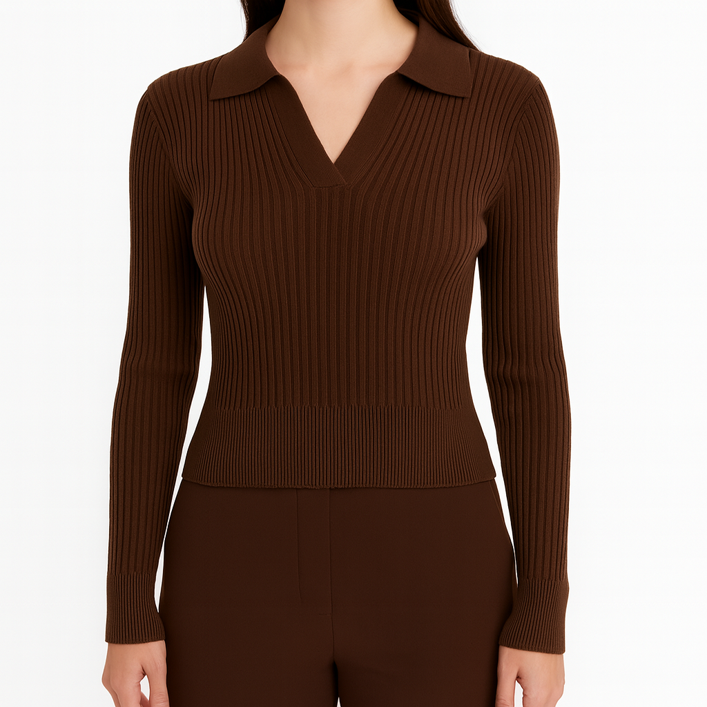 Ribbed knit sweater with a fitted silhouette, featuring a V-neckline with a polo-style collar and long sleeves.
