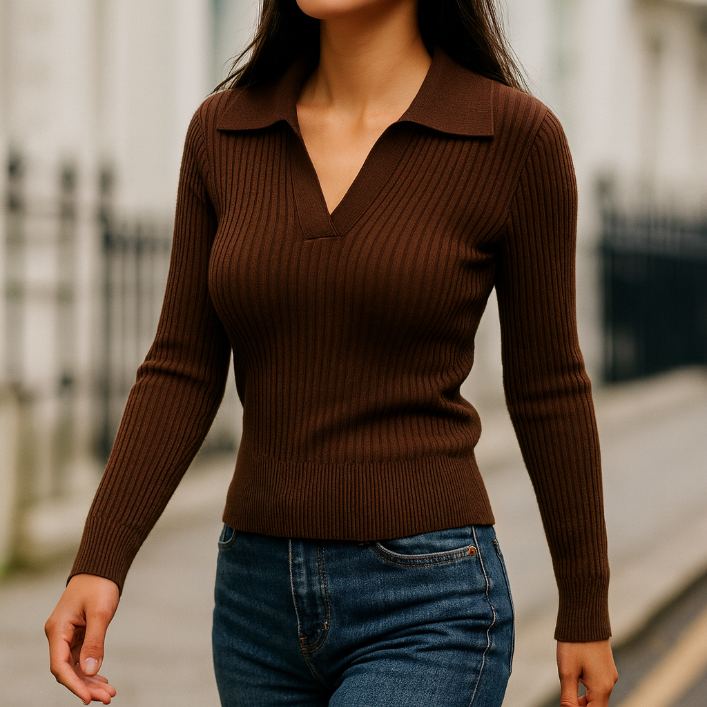 Ribbed knit sweater with a fitted silhouette, featuring a V-neckline with a polo-style collar and long sleeves.