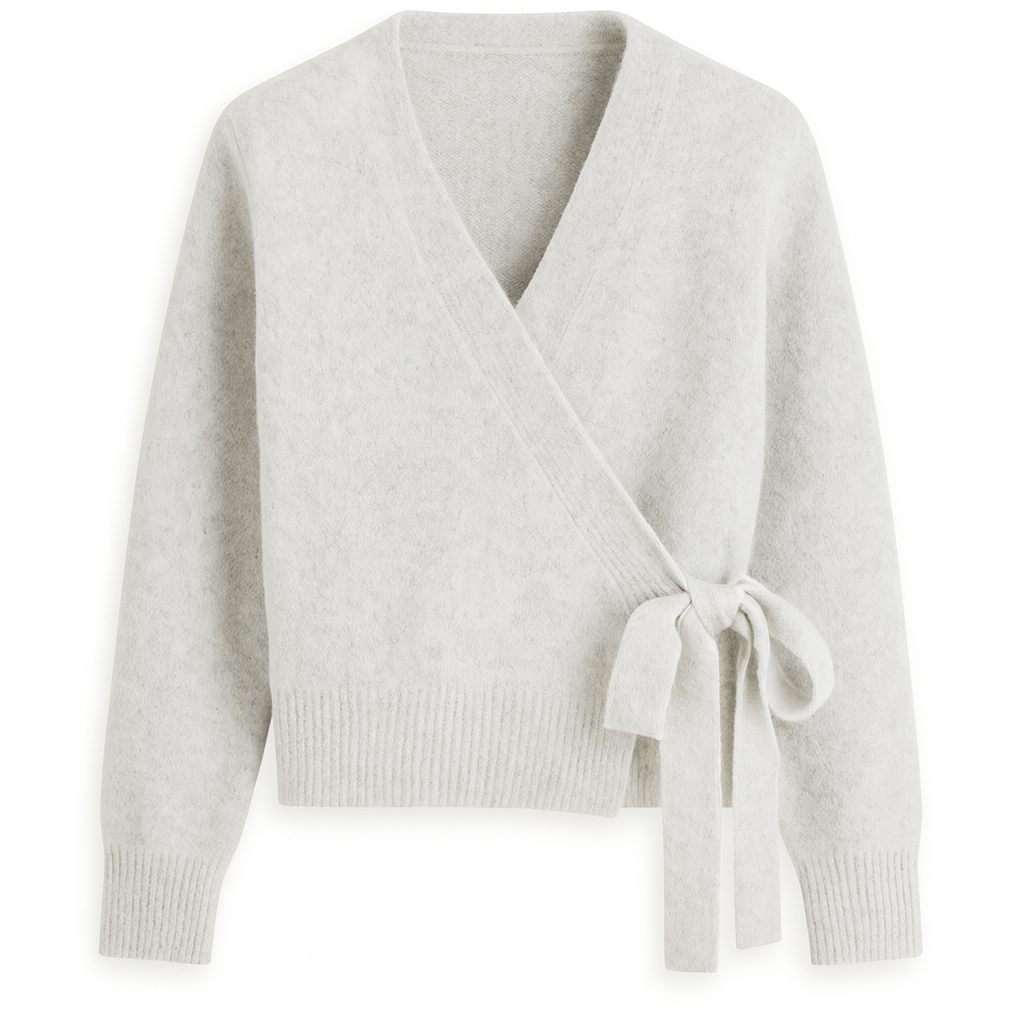 Long-sleeve wrap sweater with ribbed cuffs and hem, featuring a tie closure at the waist.