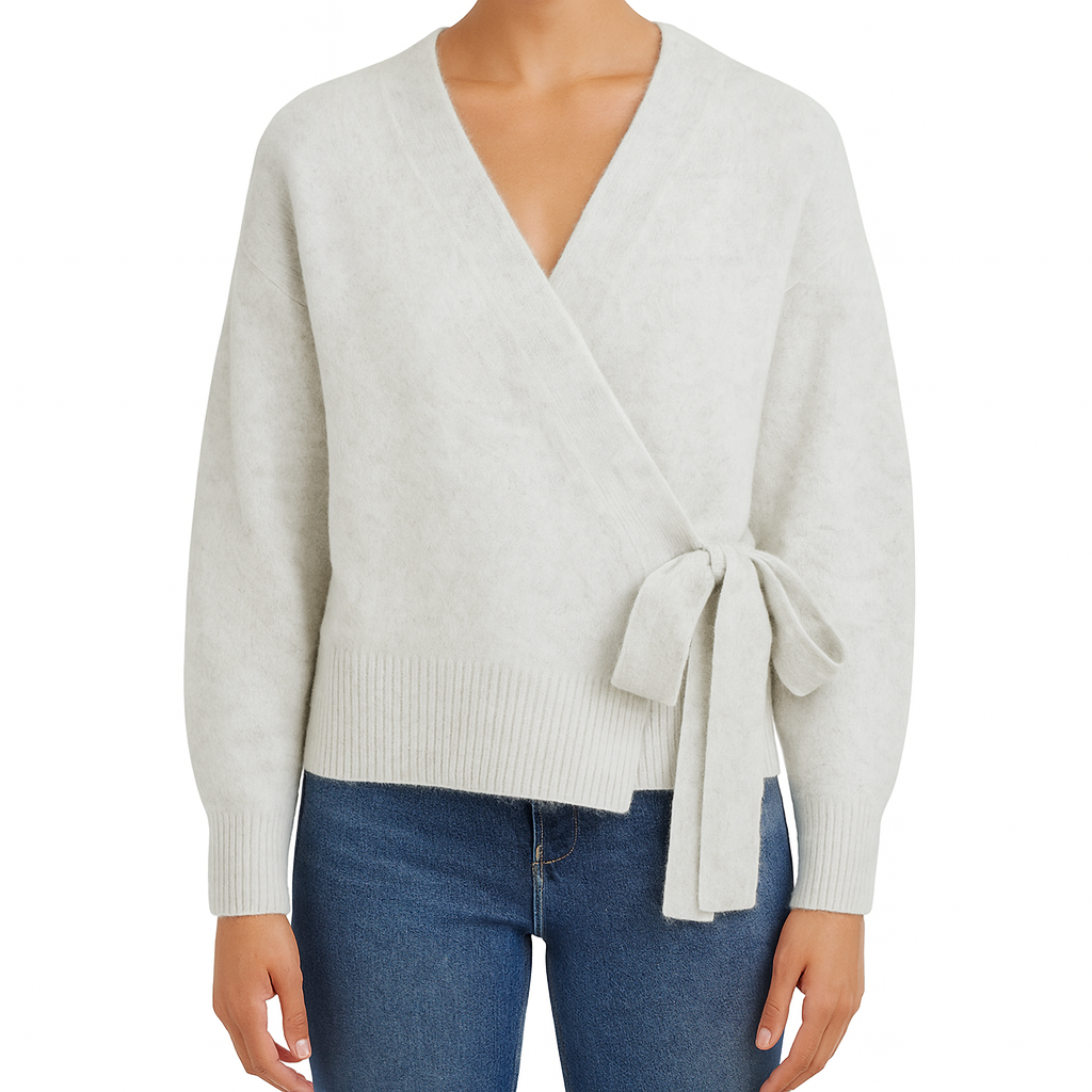 Long-sleeve wrap sweater with ribbed cuffs and hem, featuring a tie closure at the waist.