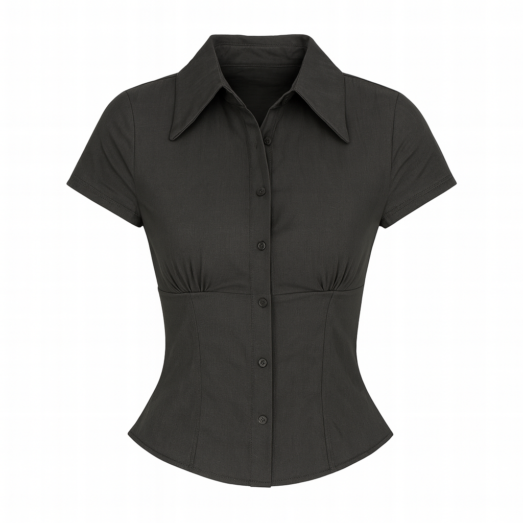 A fitted short-sleeve button-up blouse with a structured collar, front button closure, tailored seams that accentuate the waist, and a slightly flared hem.