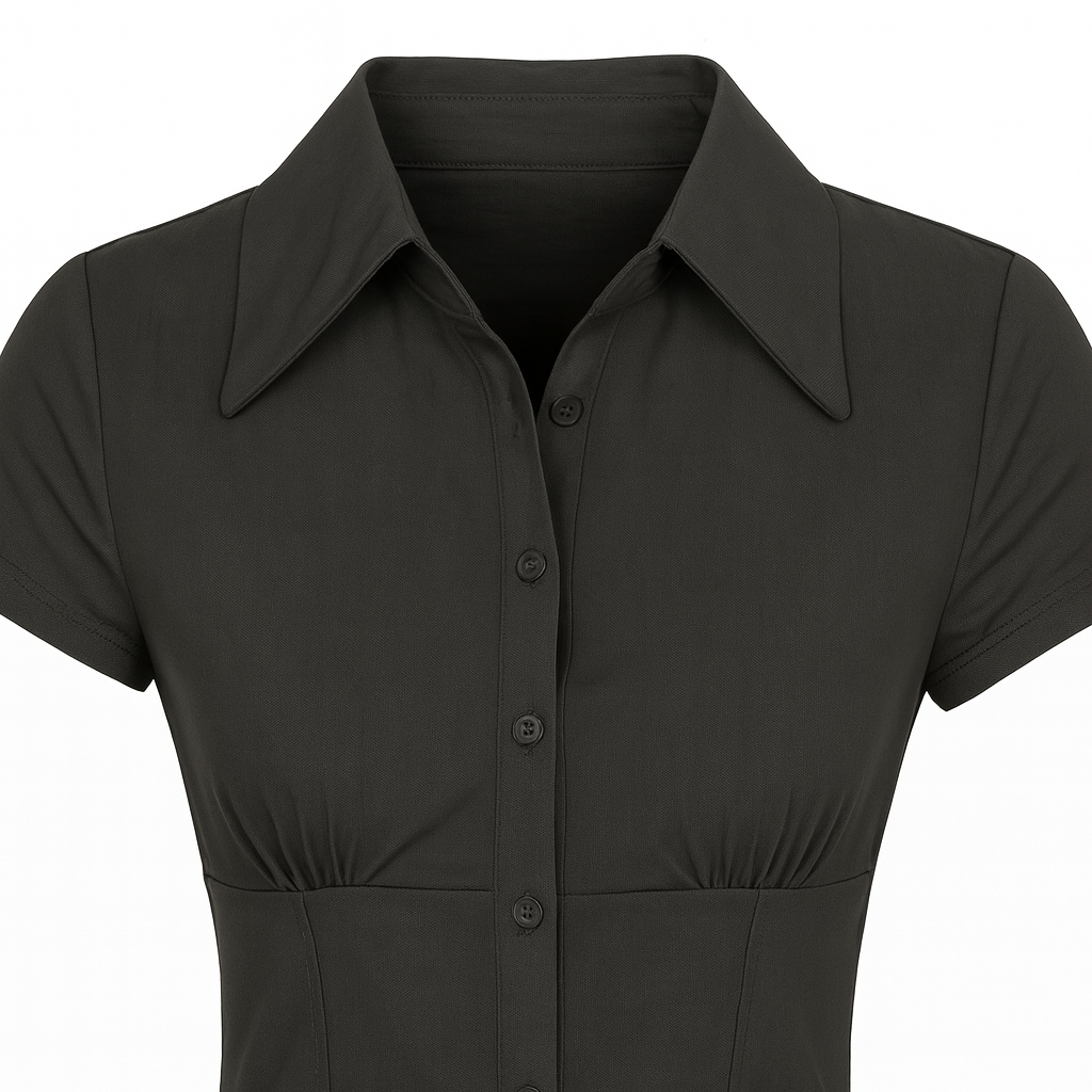 A fitted short-sleeve button-up blouse with a structured collar, front button closure, tailored seams that accentuate the waist, and a slightly flared hem.