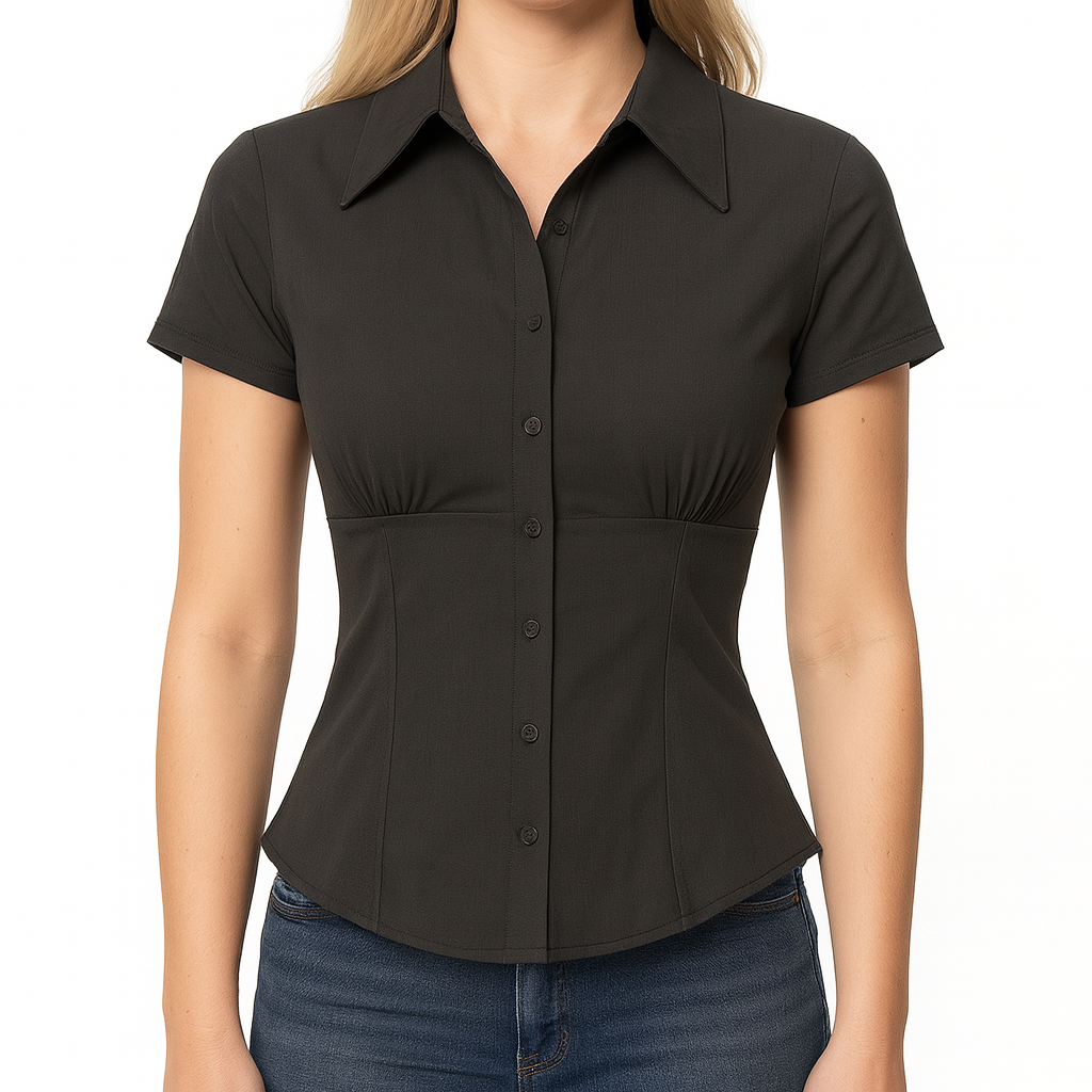 A fitted short-sleeve button-up blouse with a structured collar, front button closure, tailored seams that accentuate the waist, and a slightly flared hem.