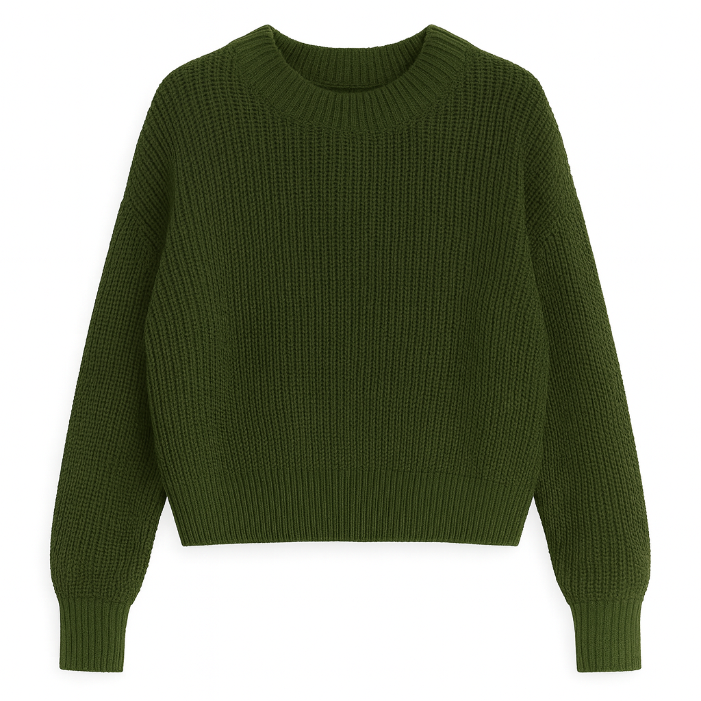 Chunky knit sweater in deep olive green, featuring a crew neckline, long sleeves, and ribbed detailing at the cuffs, hem, and collar.