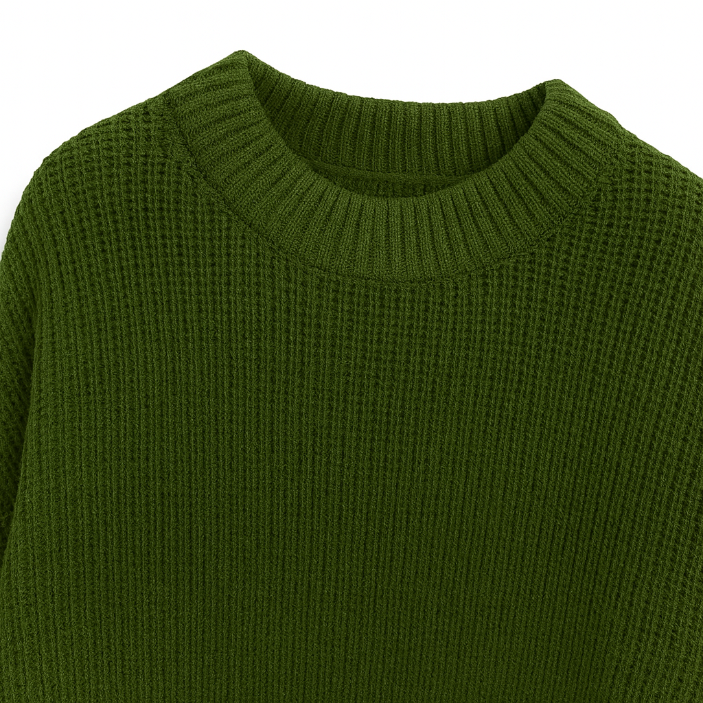 Chunky knit sweater in deep olive green, featuring a crew neckline, long sleeves, and ribbed detailing at the cuffs, hem, and collar.
