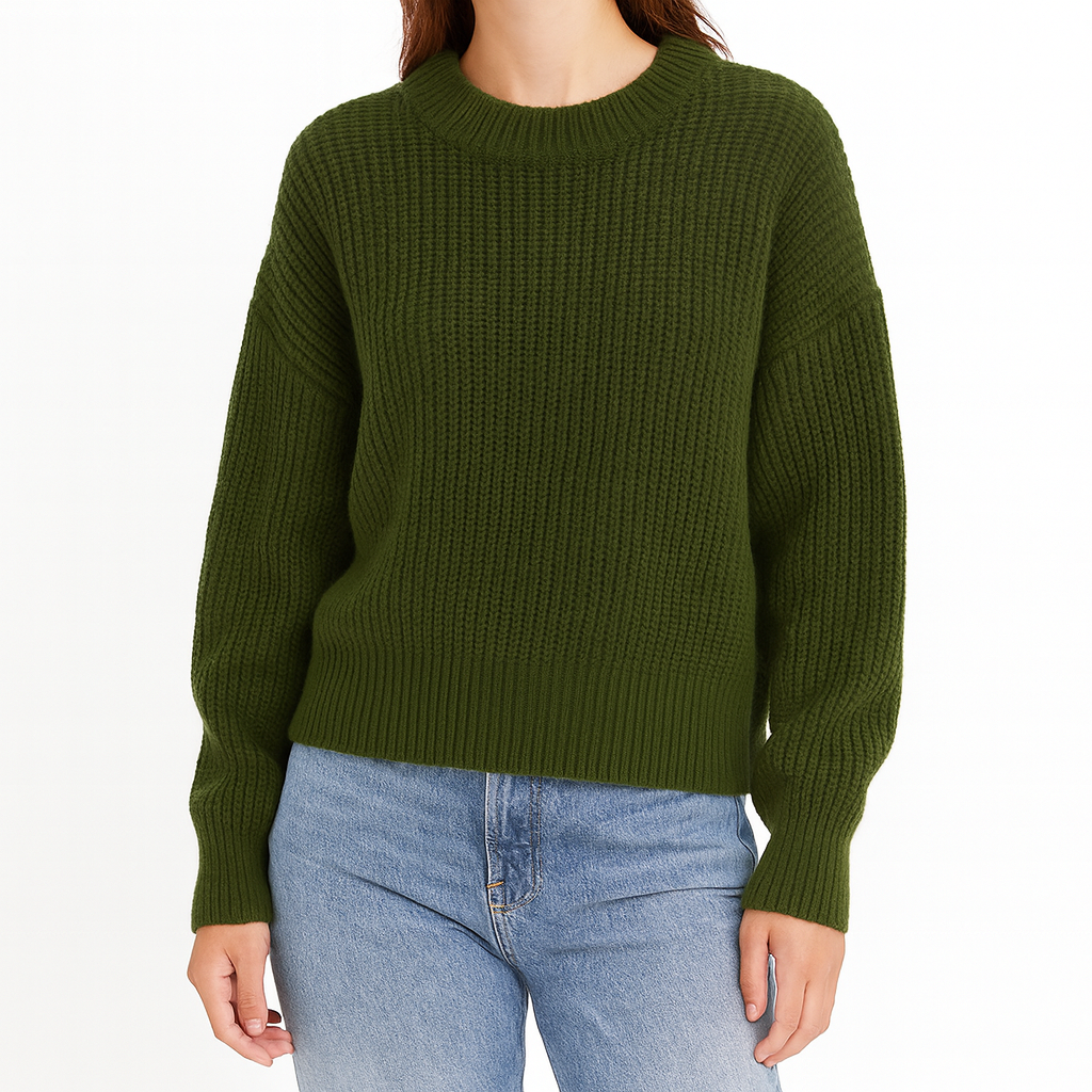 Chunky knit sweater in deep olive green, featuring a crew neckline, long sleeves, and ribbed detailing at the cuffs, hem, and collar.