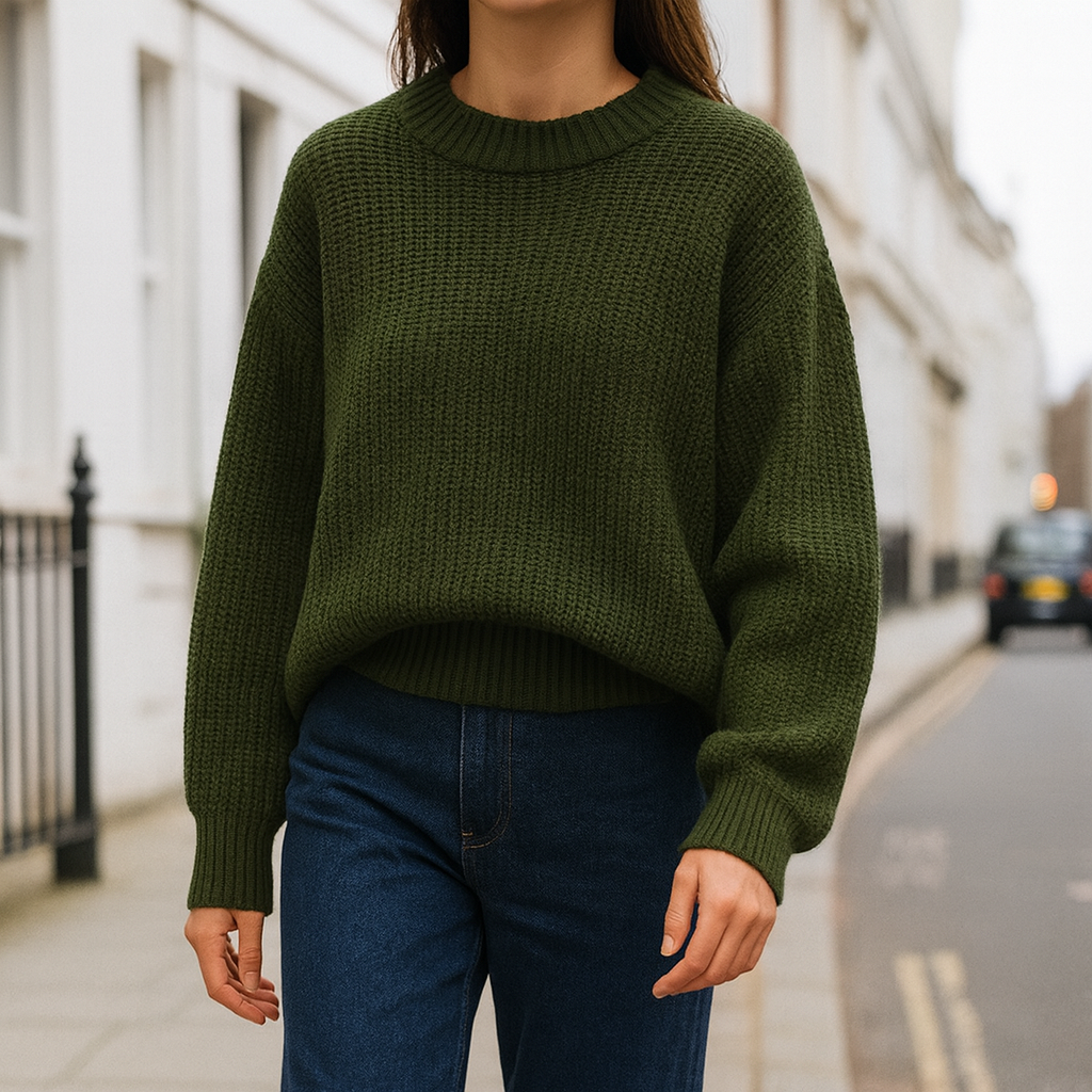 Chunky knit sweater in deep olive green, featuring a crew neckline, long sleeves, and ribbed detailing at the cuffs, hem, and collar.