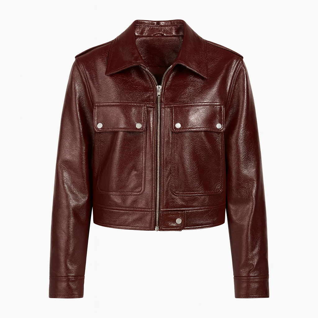 A cropped leather jacket with a front zipper closure, classic collar, long sleeves, and two chest flap pockets with button details.