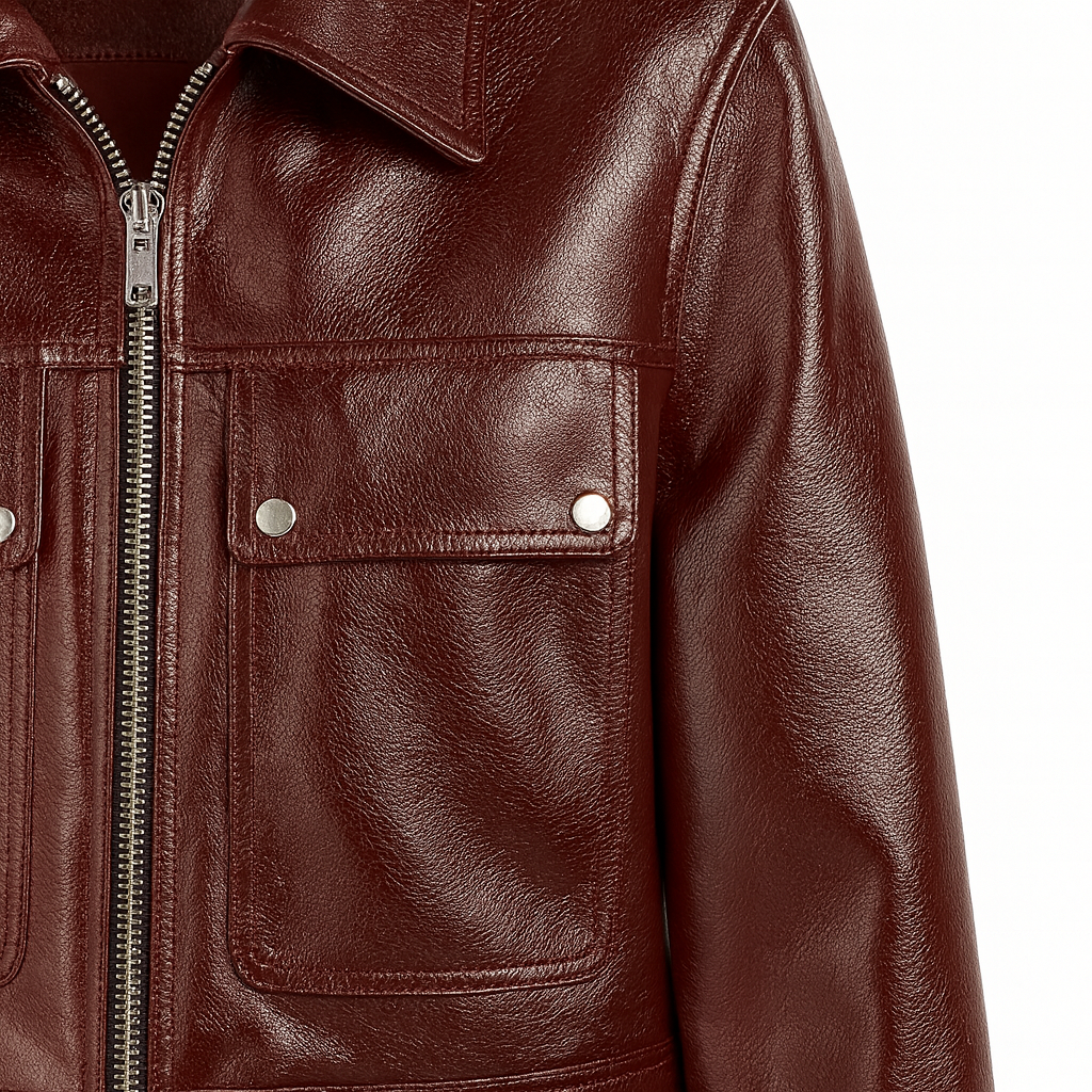 A cropped leather jacket with a front zipper closure, classic collar, long sleeves, and two chest flap pockets with button details.