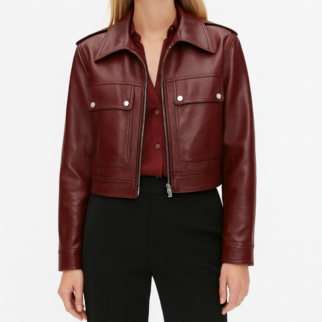A cropped leather jacket with a front zipper closure, classic collar, long sleeves, and two chest flap pockets with button details.