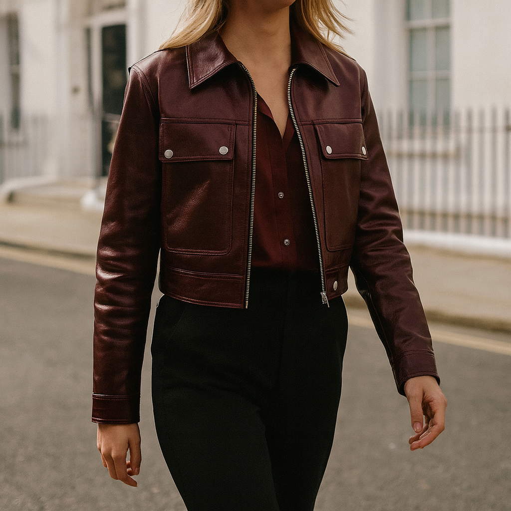 A cropped leather jacket with a front zipper closure, classic collar, long sleeves, and two chest flap pockets with button details.