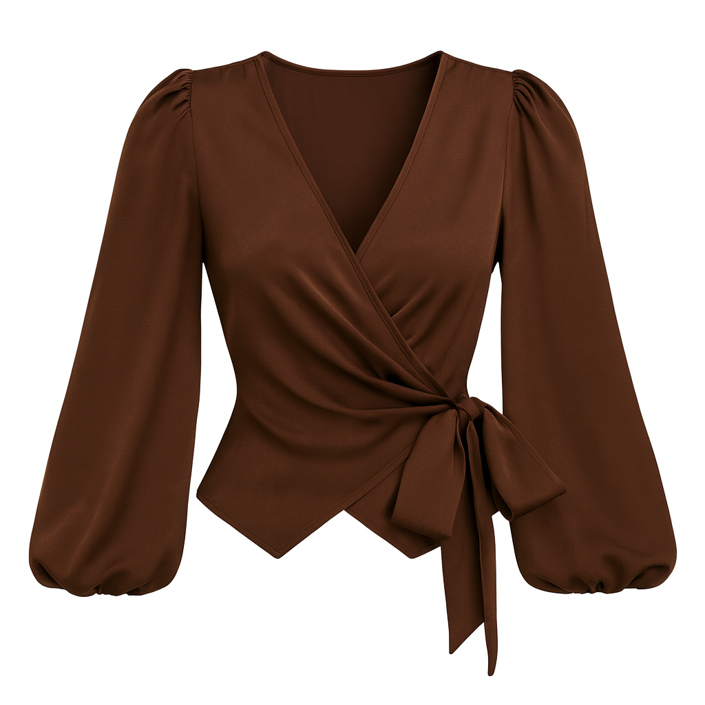 Wrap-style blouse with a deep V-neckline, puffed long sleeves gathered at the cuffs, and a side tie detail at the waist creating a draped silhouette.