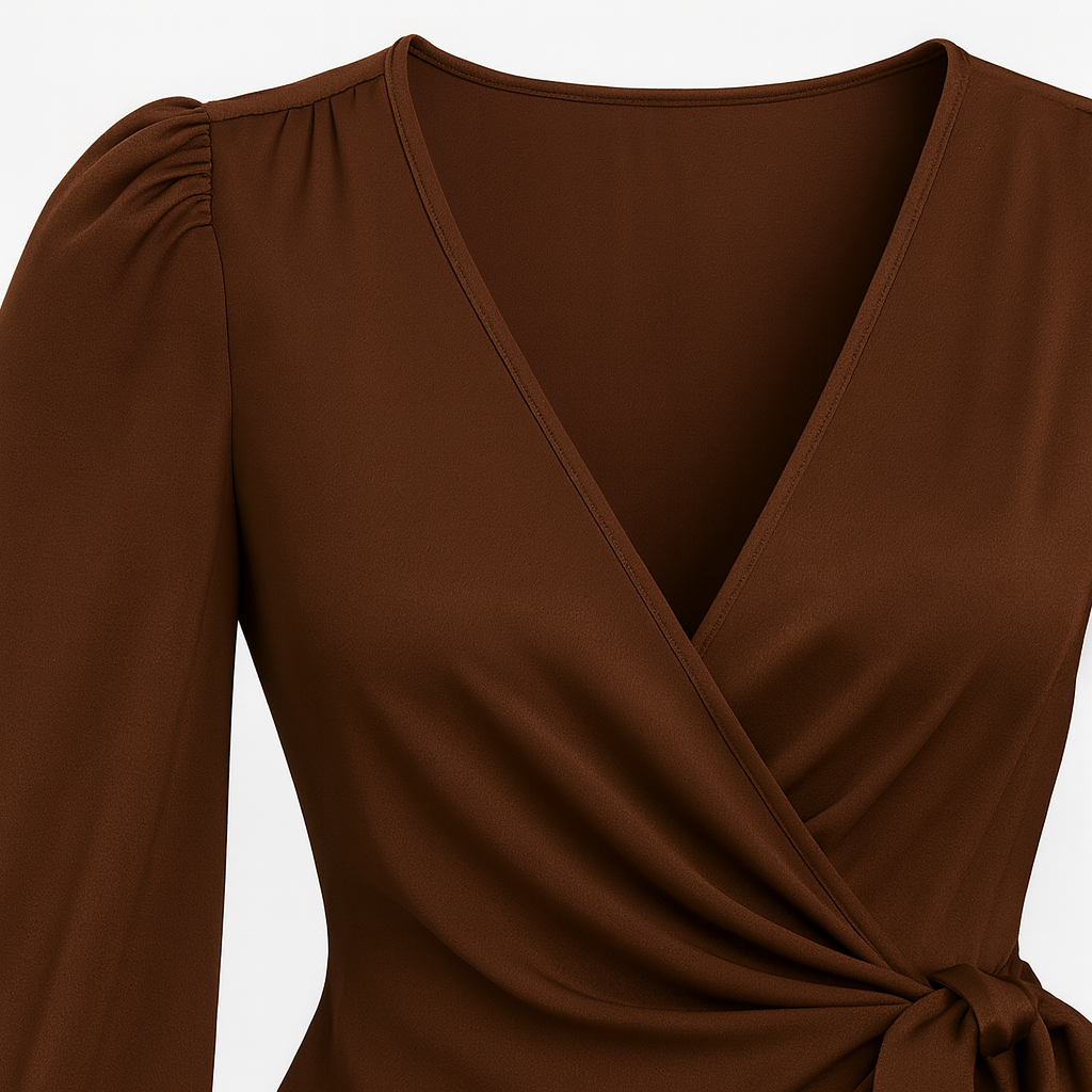 Wrap-style blouse with a deep V-neckline, puffed long sleeves gathered at the cuffs, and a side tie detail at the waist creating a draped silhouette.