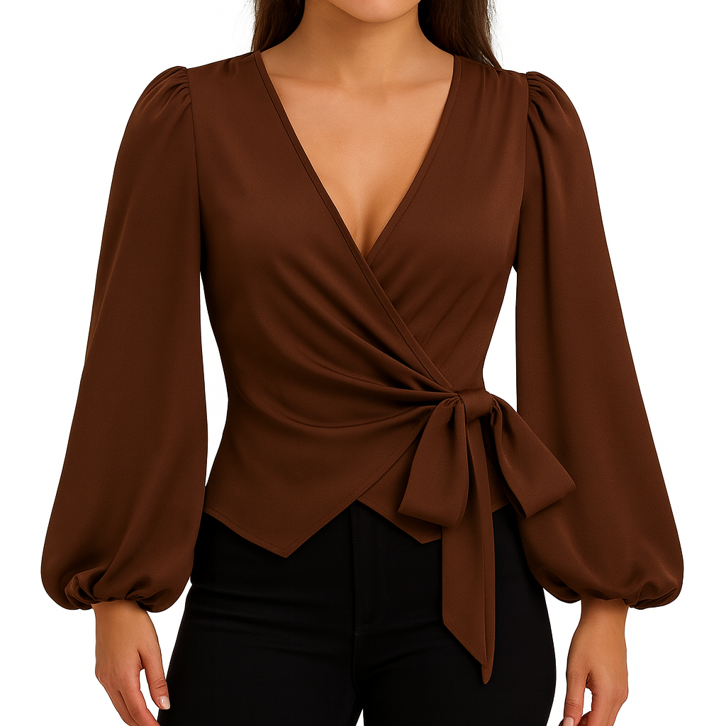 Wrap-style blouse with a deep V-neckline, puffed long sleeves gathered at the cuffs, and a side tie detail at the waist creating a draped silhouette.
