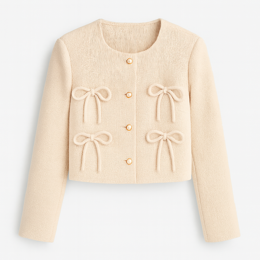 Cropped textured top with long sleeves, a round neckline, front button closure, and four decorative bow accents on the front.