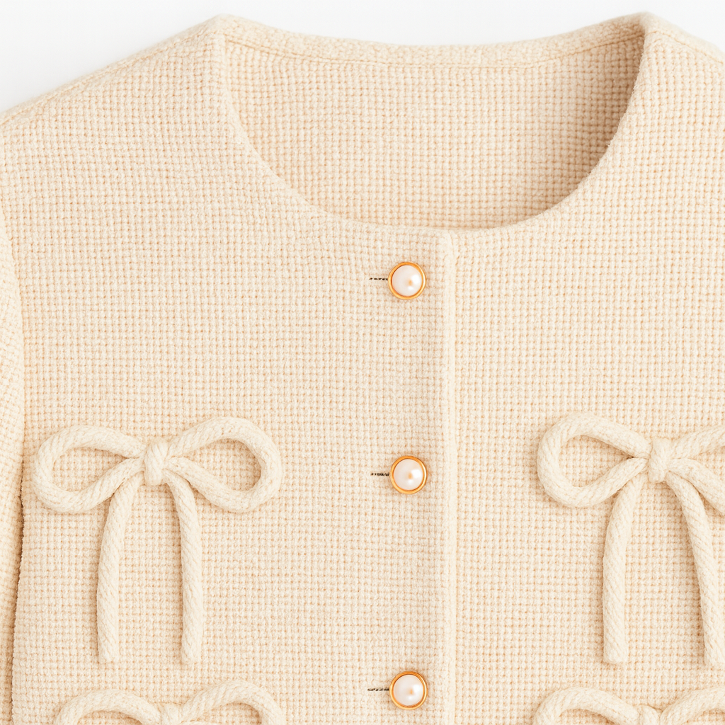 Cropped textured top with long sleeves, a round neckline, front button closure, and four decorative bow accents on the front.