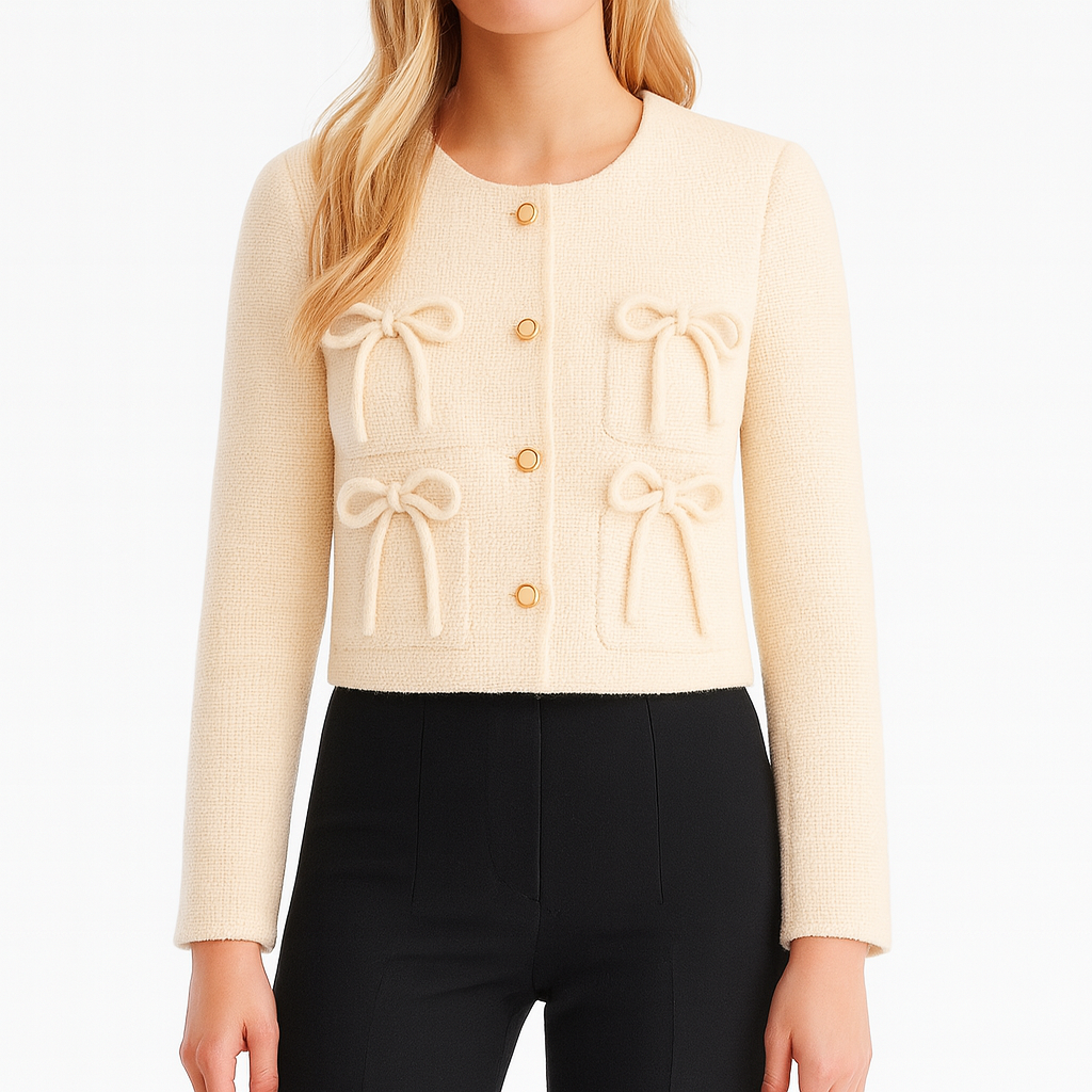 Cropped textured top with long sleeves, a round neckline, front button closure, and four decorative bow accents on the front.